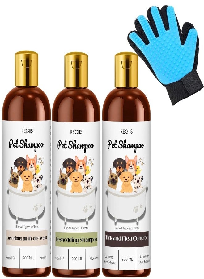 مجموعة شامبو ريجيس للحيوانات الأليفة مع قفاز للتنظيف، 200 مل، غسول شامل، لإزالة الشعر الزائد، تركيبة للتحكم في القراد والبراغيث، عبوة من 4 قطع - Image 1